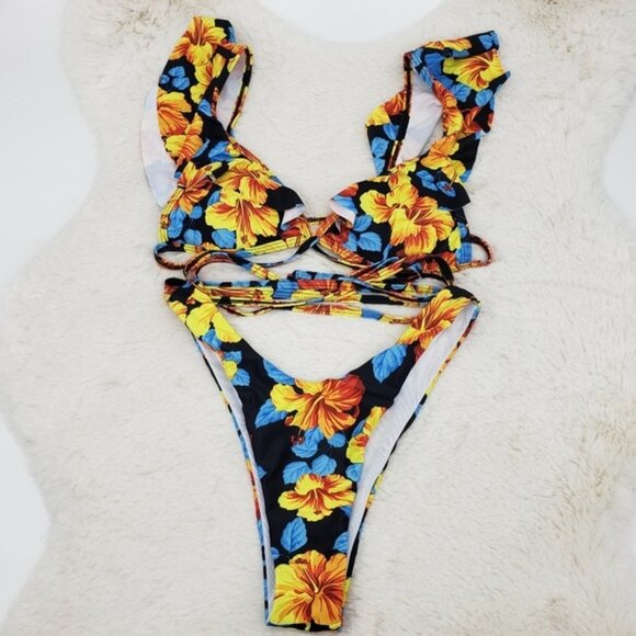 New Floral Wrap Around Top High Leg Bottom Bikini Set - Picture 5 of 6